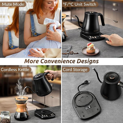 Electric Gooseneck Kettle, 1200W, 6 Temperature Settings, Stainless Steel Inner Lid & Bottom, 1L Quick Heating Pour Over Kettle for Coffee & Tea, Matte Black