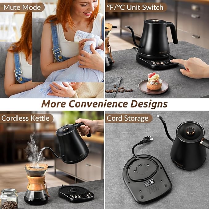 Electric Gooseneck Kettle, 1200W, 6 Temperature Settings, Stainless Steel Inner Lid & Bottom, 1L Quick Heating Pour Over Kettle for Coffee & Tea, Matte Black