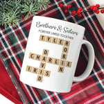 Load image into Gallery viewer, Family Forever Linked Together Custom Names Ceramic Mug, Crossword Puzzle Art, for Birthday, Anniversary or Special Occasions (Brothers &amp; Sisters Forever Linked Together White Mug Ver 2)