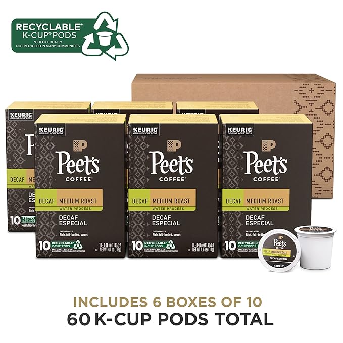 Peet's Coffee, Medium Roast Decaf Keurig K-Cup Pods - Decaf Especial 60 Count (6 Boxes of 10 K-Cup Pods)