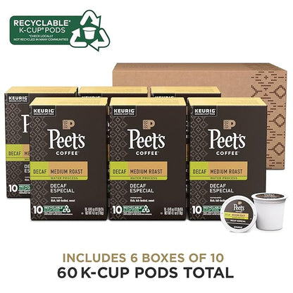 Peet's Coffee, Medium Roast Decaf Keurig K-Cup Pods - Decaf Especial 60 Count (6 Boxes of 10 K-Cup Pods)