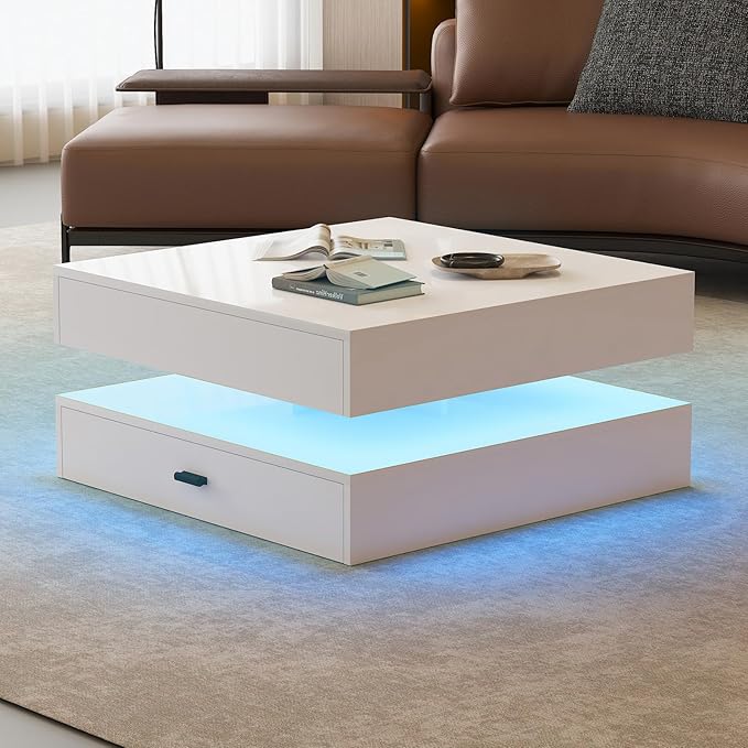 LED Coffee Table for Living Room - 2-Tier Modern High Gloss Square Table with Storage Drawers, 24-Color Adjustable Lights, Contemporary Wood Tea Tables for Home Office & Waiting Room,White