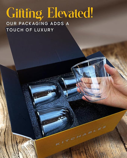 Kitchables Double Walled Glass Coffee Mugs Set of 4, 6oz Insulated Glass Coffee Mugs for Cappuccino, Latte, Tea, Espresso - Demitasse Latte Cup - Tazas Para Cafe