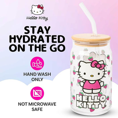 Silver Buffalo Sanrio Hello Kitty Strawberry Glass Jar Tumbler with Bamboo Lid and Glass Straw, 16 Ounces