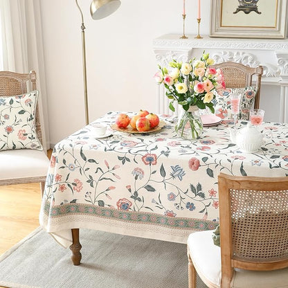 Designer Chinoiserie Linen Floral Extra Long Tablecloth Rectangle,White Wrinkle Resistant Table Cloth,Elegant Decor Tablecloths for Dining Thanksgiving Kitchen Party,63"*110"-Daffy