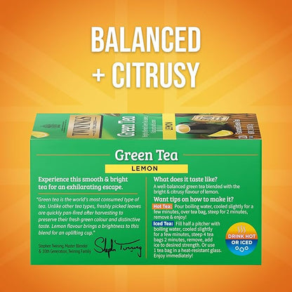 Twinings Green Tea with Lemon Individually Wrapped Bags, 20 Count (Pack of 6), Zesty Citrus Aroma & Flavour, Caffeinated, Enjoy Hot or Iced, 120 Teabags