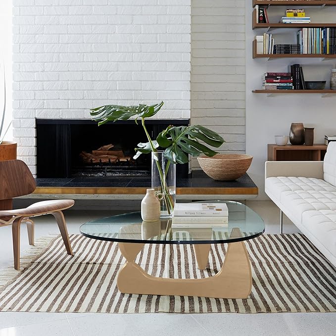 Noguchi Triangle Glass Coffee Table with Solid Wood Base, Vintage Clear Glass Top Modern Design for Living Room, Patio, Study, White Ash