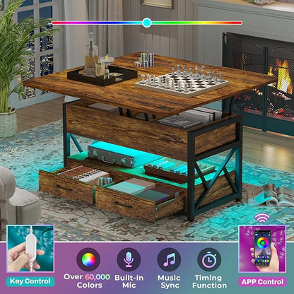 Itaar 40" Lift Top Coffee Table, 4 in 1 Coffee Tables with Storage for Living Room, Small Farmhouse Coffee Table with 2 Drawers & LED Light for Dining Reception Room, Rustic Brown
