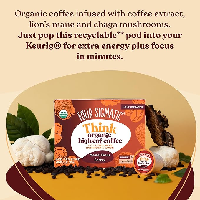 Four Sigmatic High Caffeine Mushroom Coffee K-Cups | Organic Dark Roast Coffee with Lion’s Mane & Chaga | Focus & Immune Support | Vegan & Keto | Sustainable Pods | 24 Count