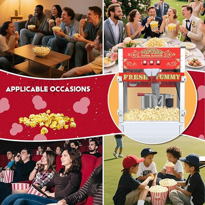 20oz Popcorn Machine with Cart, Wheels & Stainless Steel Kettle, Vintage Movie Theater Style, Popcorn Maker Machine for Parties, Events, Home & Commercial Use, Red