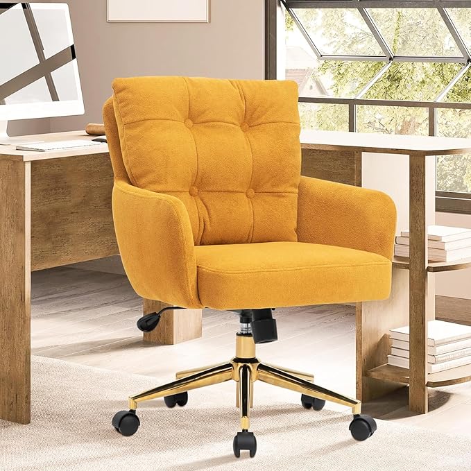 Flannel Office Chair, Comfy Home Office Desk Chairs with Lumbar Support, Modern Velvet Desk Chair Gold Legs Small Swivel Task Chair for Home Office, Bedroom, Study (Yellow, L)