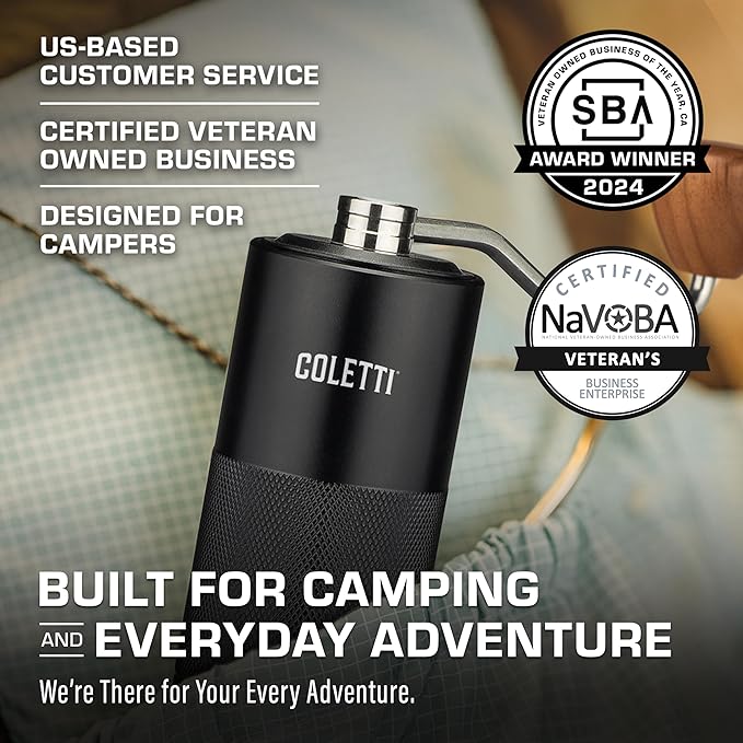 COLETTI Crag Manual Coffee Grinder — Hand Coffee Grinder — CNC Burr Precision Hand Grind, Heavy Duty for Travel, Camping, Hiking & Adventure – Includes Brush [Black Coat]