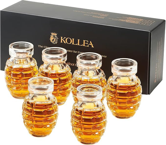 Kollea Grenade Shaped Shot Glasses, Shot Cups with Heavy Base for Whiskey, Tequila, Vodka, Liquors, Set Of 6, 2.37 oz, 21st Birthday Gifts for Men Dad, Military Cave Decor, Bartender, Christmas