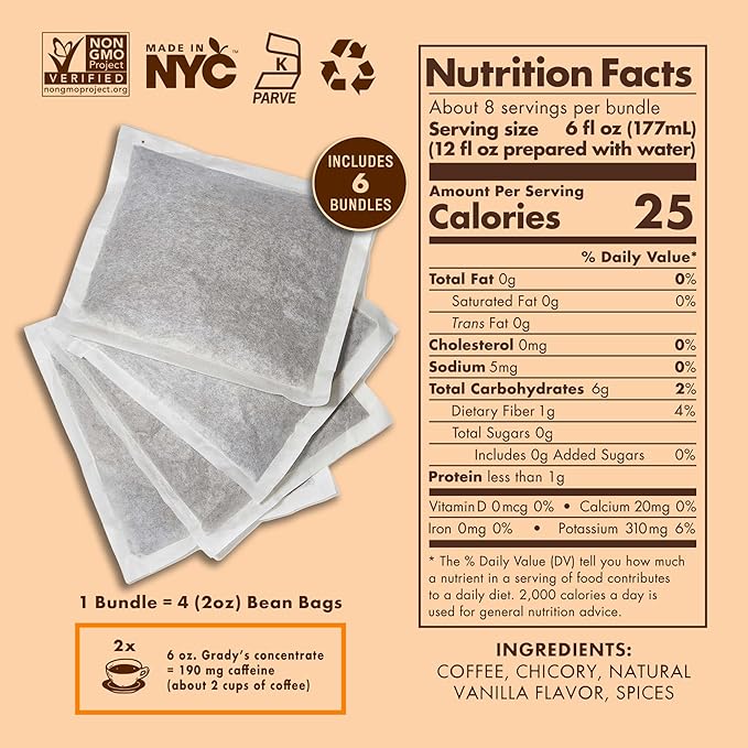 GRADY’S COLD BREW, French Vanilla, 100% Arabica Ground Coffee & Chicory Pouches | SIX Bundles of 4 Easy-to-Brew Bean Bags, Makes 72 drinks