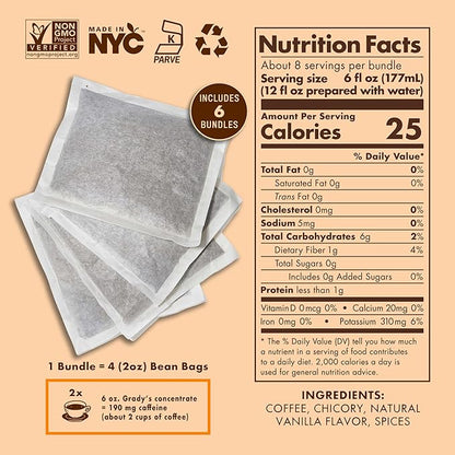 GRADY’S COLD BREW, French Vanilla, 100% Arabica Ground Coffee & Chicory Pouches | SIX Bundles of 4 Easy-to-Brew Bean Bags, Makes 72 drinks