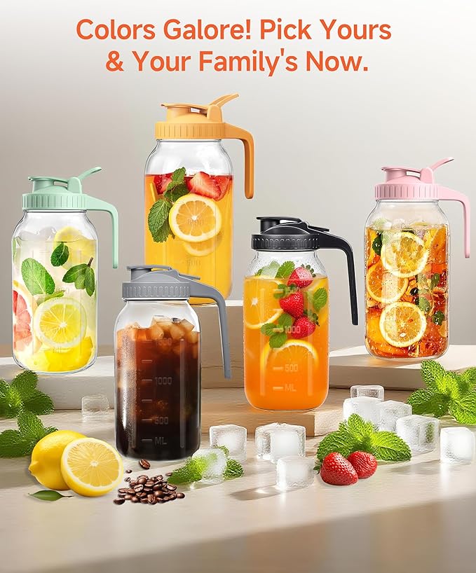 2 Quart Wide Mouth Glass Pitcher with Lid, 64oz Mason Jar Pitcher, Leak-proof Iced Tea Pitcher,Heavy Duty Container for Fridge Sweet Tea,Juice,Cold Brew Coffee,Breastmilk Storage Drinks-1PACK/Black