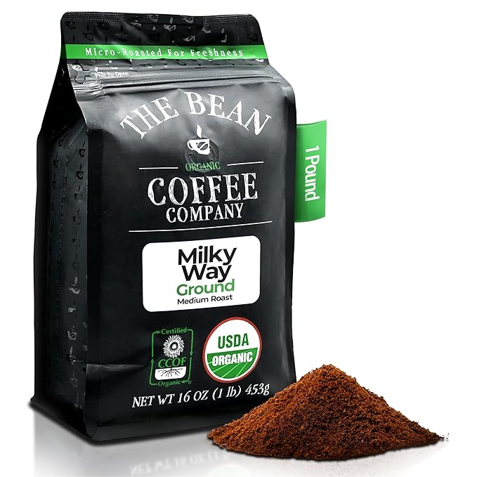 The Bean Organic Coffee Company Milky Way, Medium Roast, Ground Coffee, 16-Ounce Bag, Café molido tostado orgánico