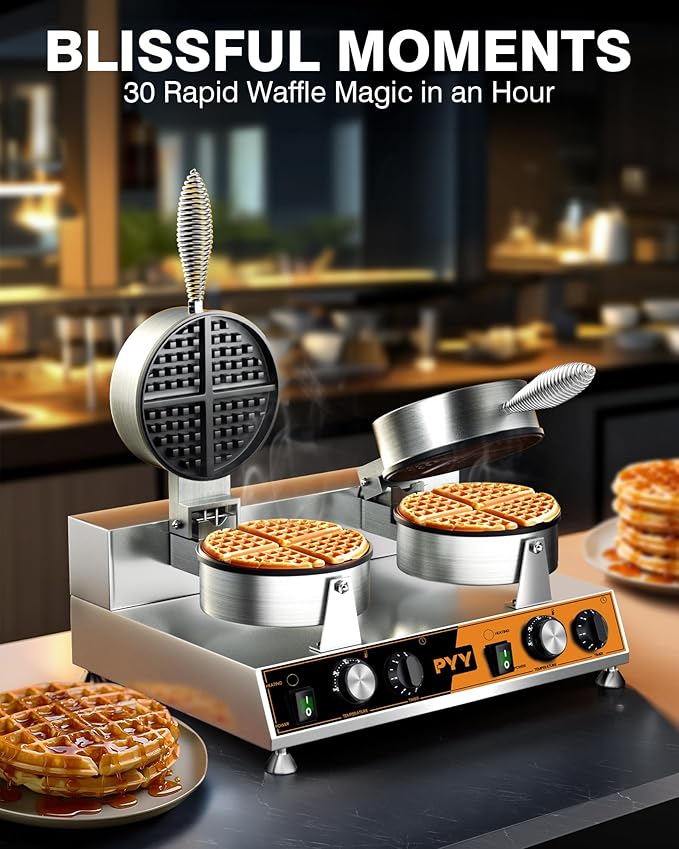 PYY Commercial Waffle Maker - Double Waffle Maker, Non-stick Electric Chaffle Maker for Restaurant Party Food Stall, Large, Stainless Steel