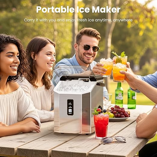 Antarctic Star Nugget Ice Makers Countertop with Self-Cleaning, 35lbs/24H, Portable Sonic Ice Maker Machine with Handle/Basket/Scoop for Home, Kitchen, Office, Camping(Stainless Steel Silver)