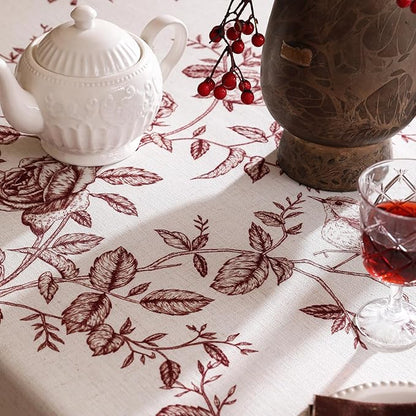 Designer Vintage Linen Table Cloth for Rectangle Table,Red Floral Pattern Linen Stain Resistant Tablecloth,Decor Tablecloths for Dining Thanksgiving Kitchen Party,55"*79"-Harmony