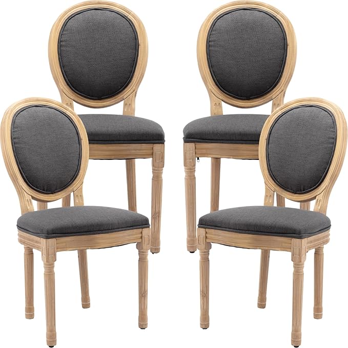 Vintage French Country Dining Chairs Set of 4, Linen Fabric Dining Chairs with Solid Wood Legs, Grey 4 Dining Chair Set, Sillas para Comedor, Kitchen & Dining Room Chair (Gray, Linen, 4Pcs)