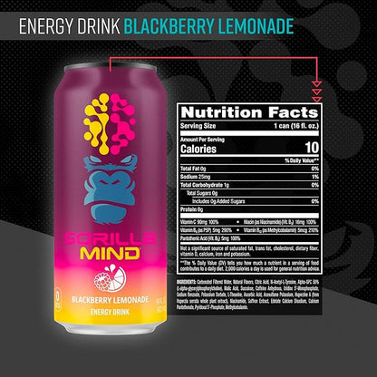 Gorilla Mind Energy Drink | Unmatched Energy · Amplified Focus | N-Acetyl-L-Tyrosine, Alpha-GPC, 200mg Caffeine, Uridine, Saffron | 0 Sugar Or Artificial Colors | 16oz, 12-Pack (Blackberry Lemonade)