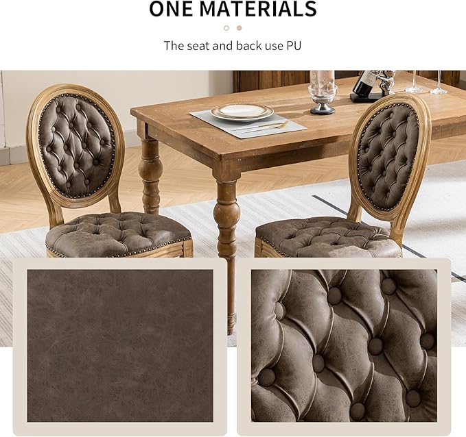 Vintage French Country Dining Chairs Set of 2, PU Leather Dining Chairs with Solid Wood Legs, Brown Upholstered Dining Chair, Sillas para Comedor, Kitchen & Dining Room Chair (Brown, PU, 2Pcs)