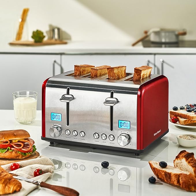 Roter Mond Countdown Stainless Steel 4 Slice Toaster with Bagel, Defrost, Cancel Function, Dual Toaster, Extra Wide Slots, 6 Shade Settings, Removable Crumb Trays, 1650W, Red