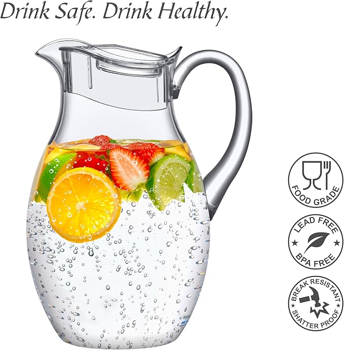 Amazing Abby - Bubbly Grand - Plastic Pitcher (96 oz, 3 Quart), Clear Water Pitcher with Lid, Fridge Jug, BPA-Free, Shatter-Proof, Great for Iced Tea, Sangria, Lemonade, Juice, Milk, and More