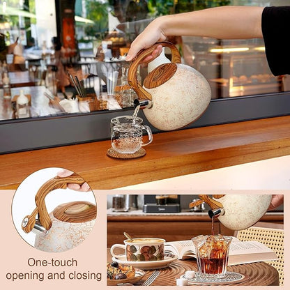 GGC Tea Kettle for Stove Top, Loud Whistling Kettle for Boiling Water Coffee or Milk, 3.1 Quart Stainless Steel Art Line White Pot with Wood Pattern Handle, Unique Button Control Outlet