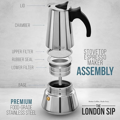 London Sip Stainless Steel Stovetop Espresso Maker Moka Pot Italian Coffee Percolator, Matte Black, Large (16.9 oz)