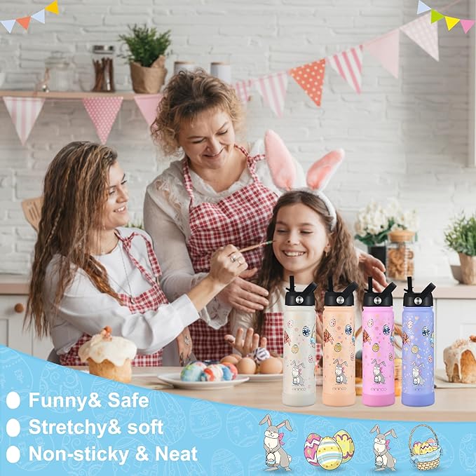 mininoo Water Bottle with Straw Lid, 24 oz Insulated Stainless Steel Double Wall Vacuum, Gifts, Cute Bunny & Egg(Lavender)