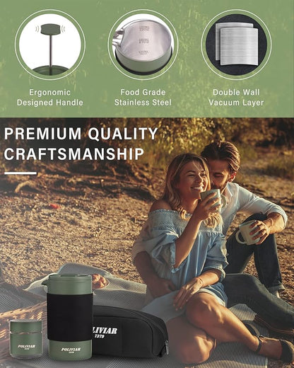 POLIVIAR French Press Coffee Maker, 12 oz Portable French Press with Mini Canister and Collection Bag, Double Wall Insulation & Dual- Filter Screen, Food Grade Stainless Steel for Coffee