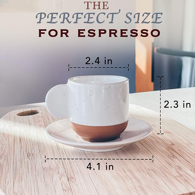 Mora Ceramic Mini Espresso Cups Set of 4, 3oz - Tiny Italian Inspired Mugs With Saucers For Small Shots of Coffee - Modern Boho Style For Any Kitchen or Cafe. Microwave Safe Porcelain - Vanilla White