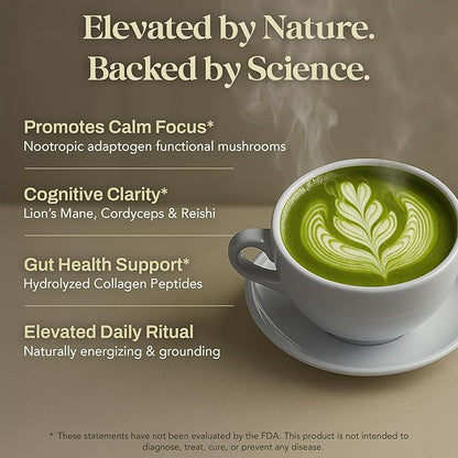 Mushroom Matcha Powder - Sugar-Free Japanese Ceremonial Green Tea with 18 Superfood Mushrooms and Hydrolyzed Collagen - Coffee Alternative Caffeine Free - 30 Sachets