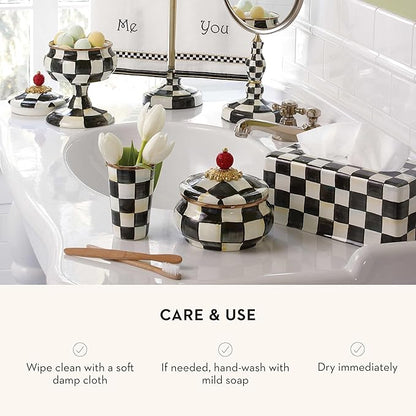 MACKENZIE-CHILDS Enamel Squashed Pot, Cute Enameled Container with Lid, 20 Ounces, Black-and-White Courtly Check