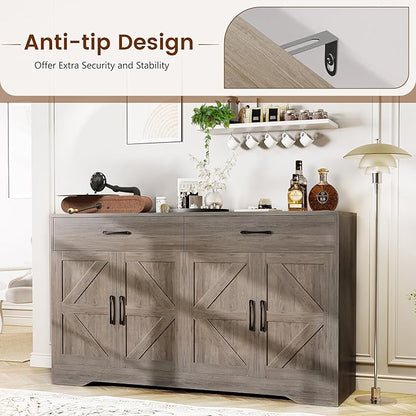 55" Sideboard Buffet Cabinet with Storage, Large Kitchen Storage Sideboard with Drawers & Doors, Modern Wood Farmhouse Coffee Bar Cabinet, Buffet Table for Kitchen, Dining Room, Living Room, Dark Wood