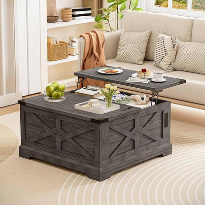 LAUSAINT HOME Farmhouse Lift Top Coffee Table with Large Hidden Storage Compartment, Wood Square Center Table with Lifting Top for Living Room, Home Office, Gray