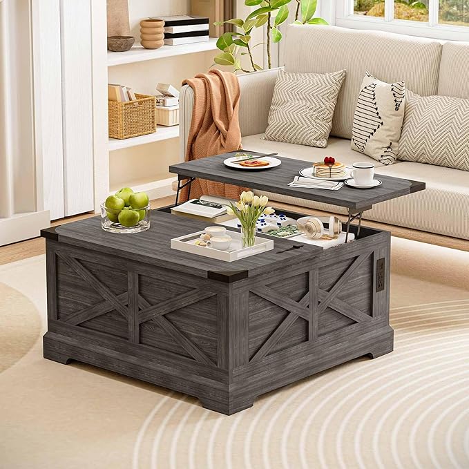 LAUSAINT HOME Farmhouse Lift Top Coffee Table with Large Hidden Storage Compartment, Wood Square Center Table with Lifting Top for Living Room, Home Office, Gray