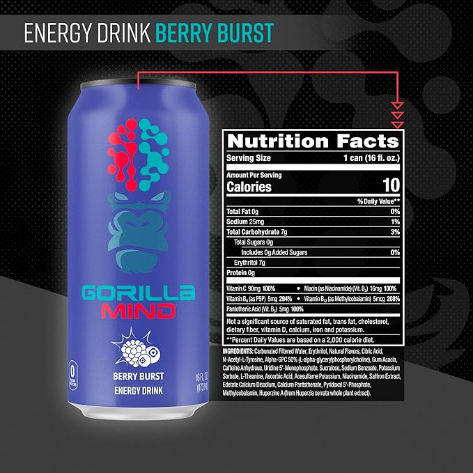 Gorilla Mind Energy Drink | Unmatched Energy · Amplified Focus | N-Acetyl-L-Tyrosine, Alpha-GPC, 200mg Caffeine, Uridine, Saffron | 0 Sugar Or Artificial Colors | 16oz, 12-Pack (Berry Burst)