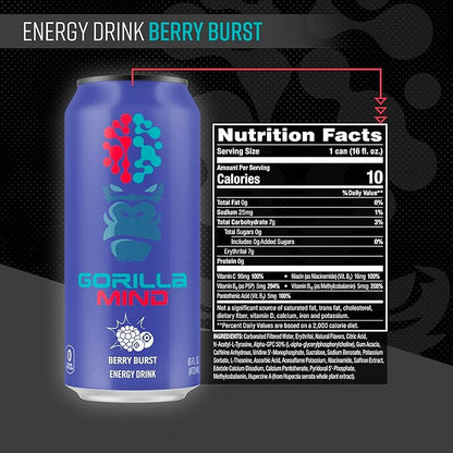 Gorilla Mind Energy Drink | Unmatched Energy · Amplified Focus | N-Acetyl-L-Tyrosine, Alpha-GPC, 200mg Caffeine, Uridine, Saffron | 0 Sugar Or Artificial Colors | 16oz, 12-Pack (Berry Burst)
