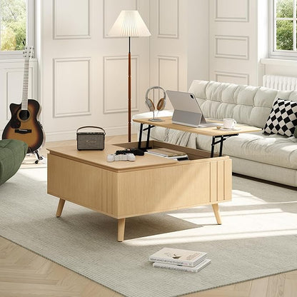 Lift Top Coffee Table with Storage,Mid Century Modern Center Table with Hidden Compartment,Square Pop Up Center Table for Living Room,Oak