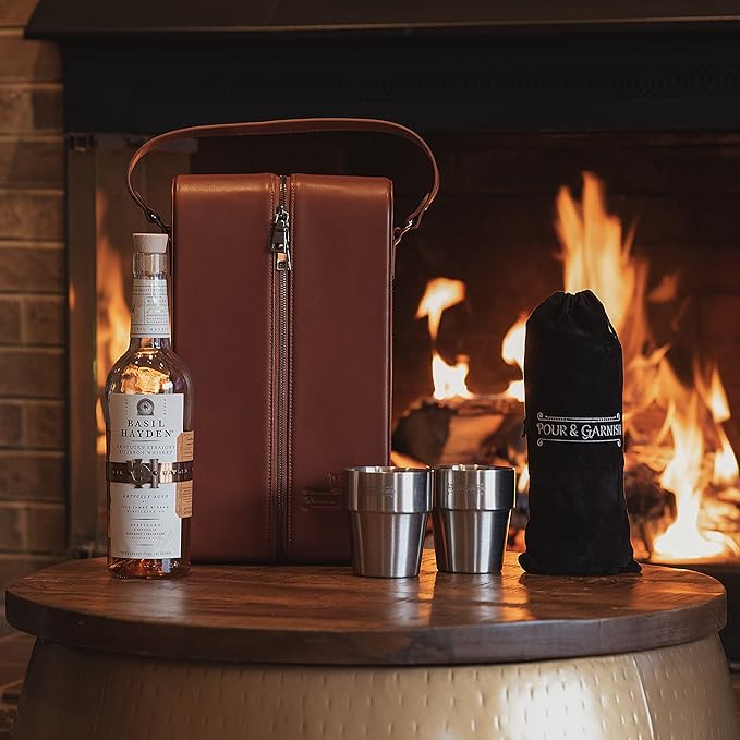 POUR & GARNISH Bourbon Whiskey & Wine Double Bottle Travel Bag with 4 Stainless Steel Double-Walled Vacuum Insulated Glasses - Makes a Great Gift!
