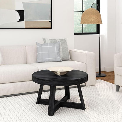 Plank+Beam Classic Round Coffee Table, 30 Inch Farmhouse Coffee Table, Mini Center Tables for Small Spaces, Small Living Space Tea Table, Black Wirebrush
