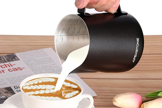 Apexstone 20 oz Black Espresso Steaming Pitcher, Espresso Milk Frothing Pitcher 20 oz Black, Coffee Milk Frothing Cup, Coffee Steaming Pitcher 20 oz/600 ml