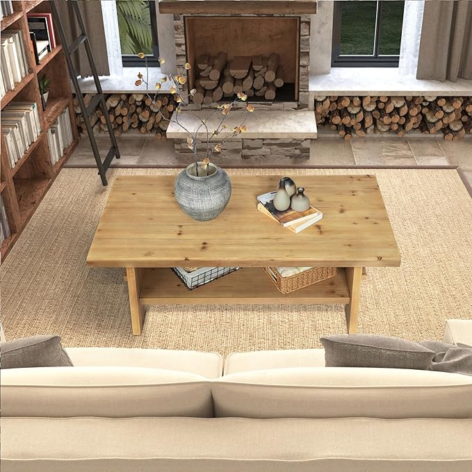Farmhouse Wood Coffee Table - 43.4” Mid Century Modern Wooden Coffee Tables for Living Room, Solid Firwood Tabletop Rectangle Coffee Table, Center Table for Living Room, Natural Wood Color