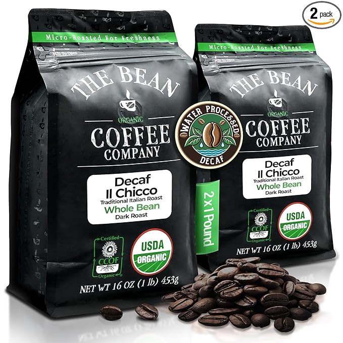 The Bean Organic Coffee Company Water Processed DECAF IL Chicco (Traditional Italian Roast), Dark Roast, Whole Bean Coffee, 16-Ounce Bags (Pack of 2)