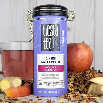 Tiesta Tea - Ginger Sweet Peach, Loose Leaf, Spicy Peach Herbal Tea, Tranquility Non-Caffeinated Blend, Bulk Hibiscus Leaves with Cane Sugar, Brews Up to 50 Cups, 6 Ounce Refillable Tin