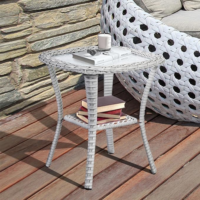Patio Wicker Side Table, Outdoor PE Rattan End Table with 5mm Tempered Glass Top and 2-Tier Storage Shelf, 20" Square Coffee Table for Deck Porch Garden Backyard-Light Grey