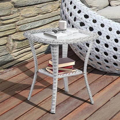 Patio Wicker Side Table, Outdoor PE Rattan End Table with 5mm Tempered Glass Top and 2-Tier Storage Shelf, 20" Square Coffee Table for Deck Porch Garden Backyard-Light Grey